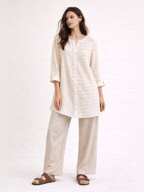 Lagenlook Linen Tunic Gold Stripe Textured Relaxed Editorial Sz 1X